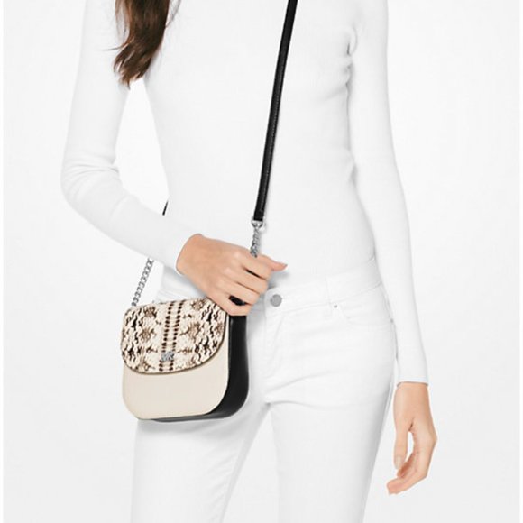 MICHAEL KORS Mott Snake-Embossed Leather Crossbody Cream & Black, Silver Chain - Picture 14 of 15